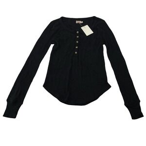 Faherty Women's Henley Top Ribbed Black Knit Extra Small